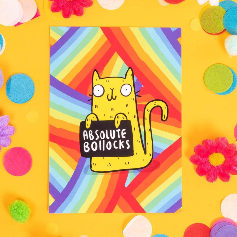 Katie Abey Design - Sweary Cat Absolute B*llocks Postcard Wenskaart - Multicolours